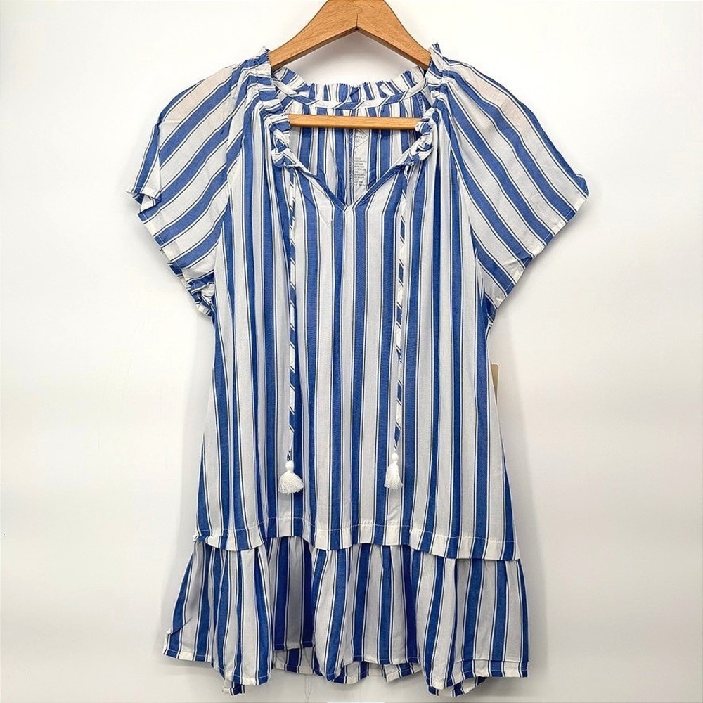 Boho Striped Blouse Ruffled Hem St Johns Bay Blue White Tassel Peplum Size Small